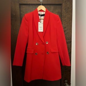 Zara NWOT bright red long blazer lined with silver buttons sz XS
